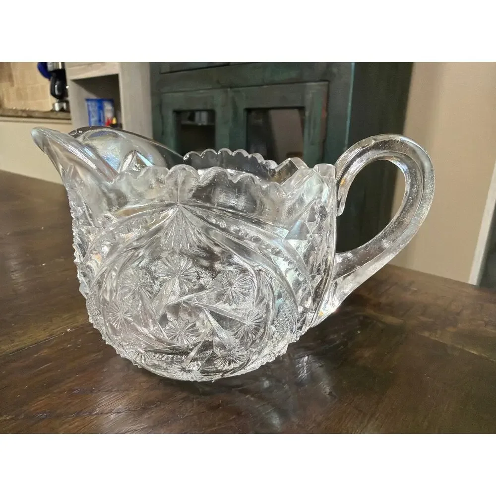 Antique ABP Cut Crystal Glass Creamer Hobstar Diamond Fan Scalloped Rim